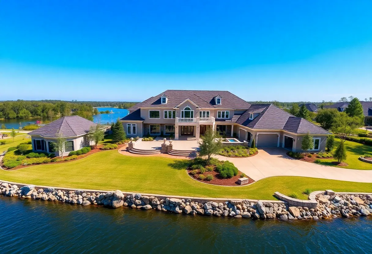A luxurious home on Lake Wylie waterfront with beautiful landscaping.