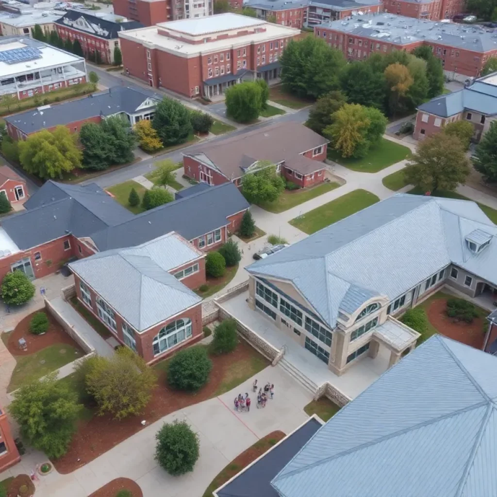 Aerial view of private high schools in Charlotte with students engaged in activities