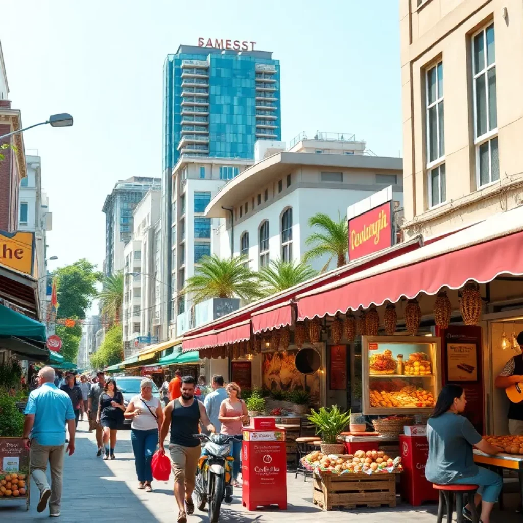 A vibrant street scene in Charlotte showcasing cafes and food vendors.