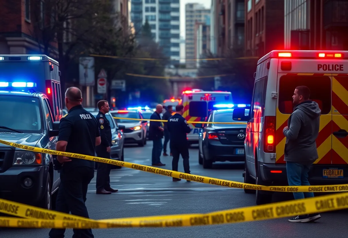 Police vehicles and crime scene tape at shooting location