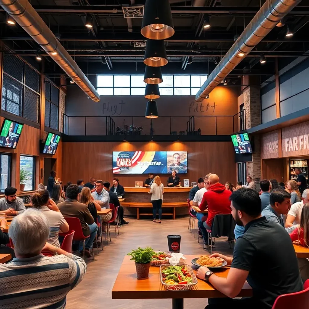 Interior of Crazy Legs Sports Cafe showcasing a stage and dining area