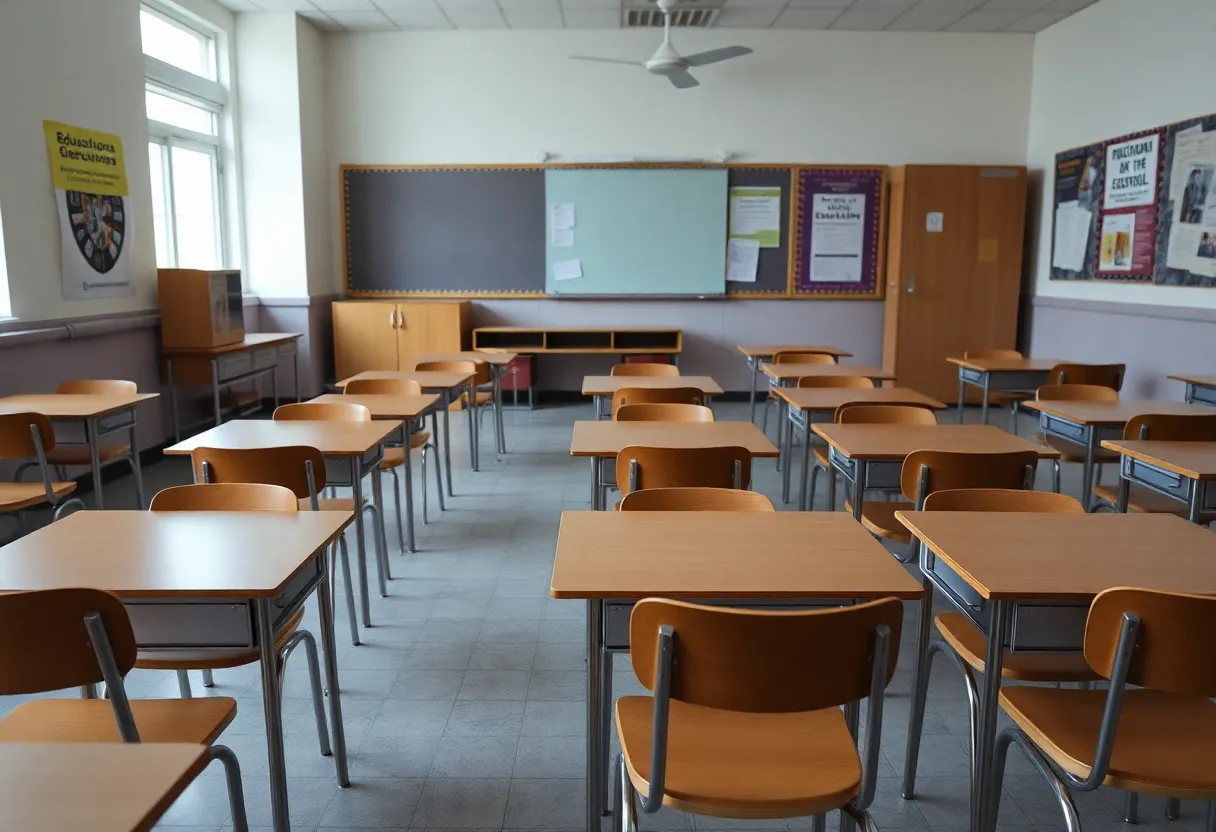 Empty classroom symbolizing funding challenges in education