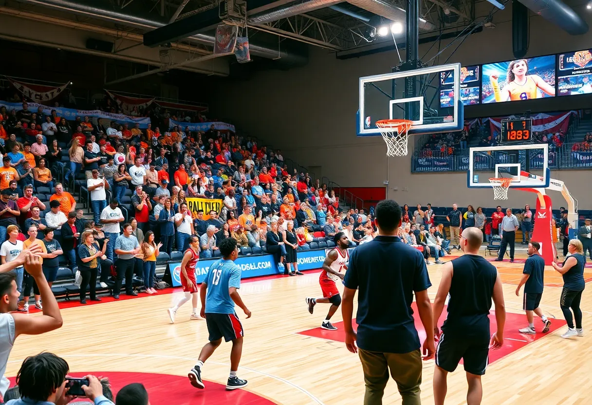 Basketball court with fans and players in action