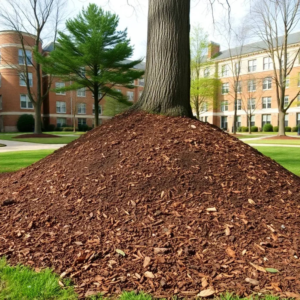 Piles of mulch surrounding tree bases at UNC Charlotte