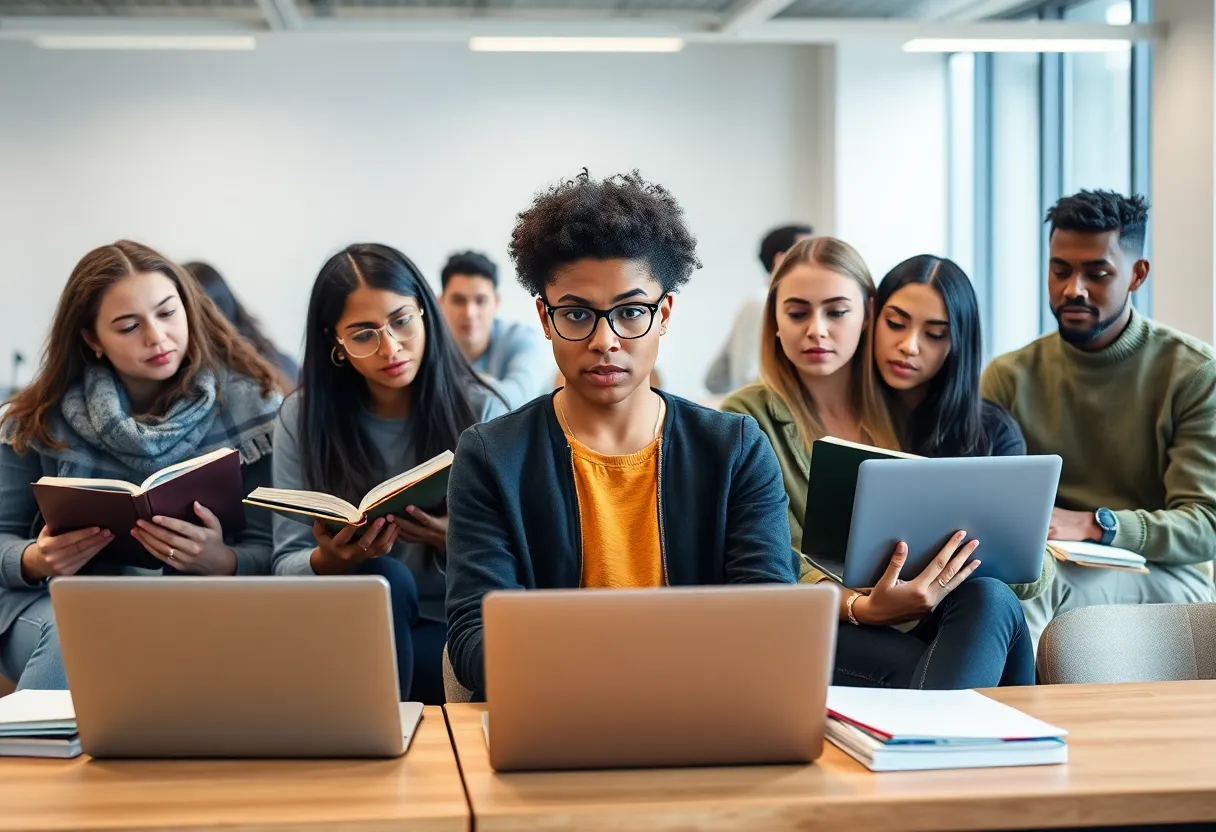 Group of college students in a classroom discussing financial aid issues