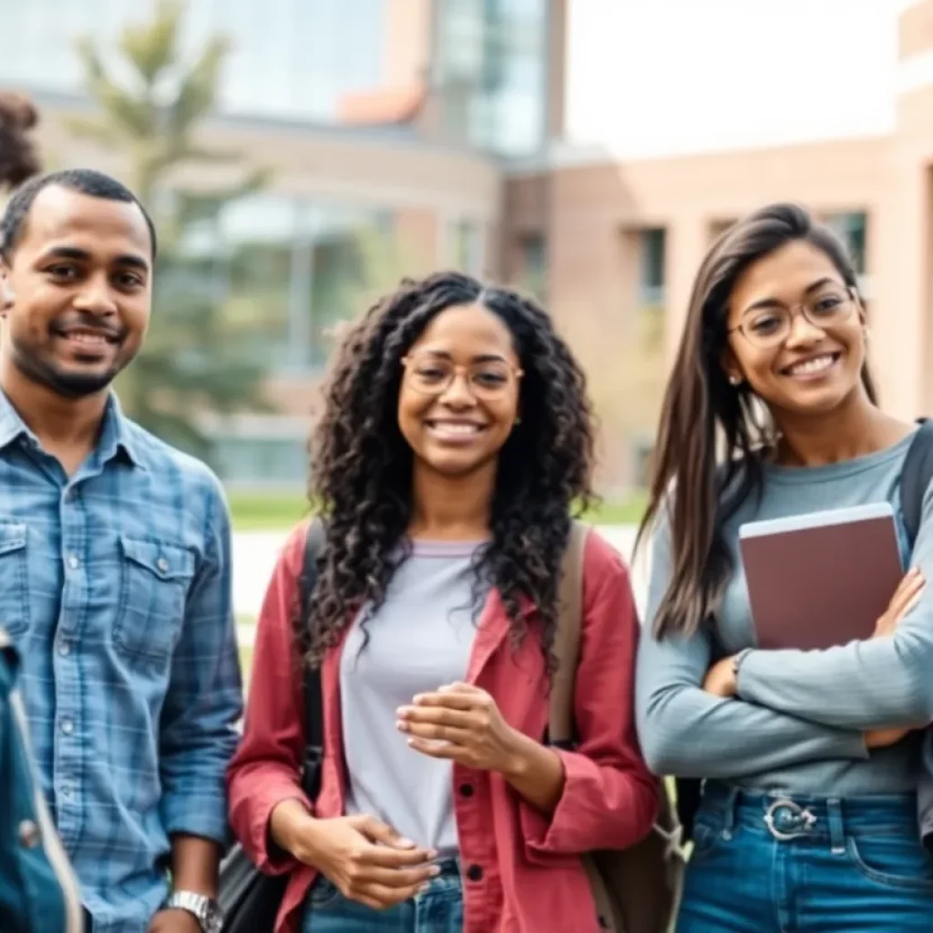 Diverse group of students discussing on a university campus