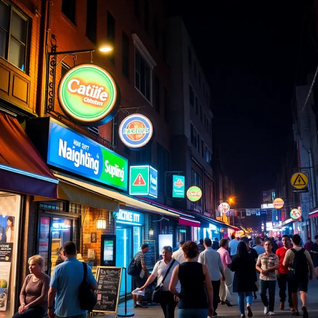 Night view of Uptown Charlotte with nightlife establishments