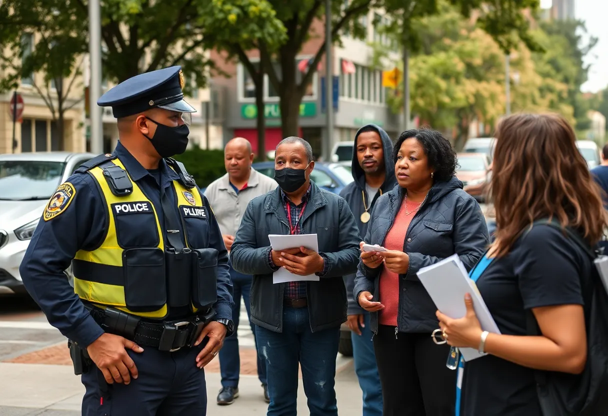 Community members discussing safety in Uptown Charlotte with police presence.