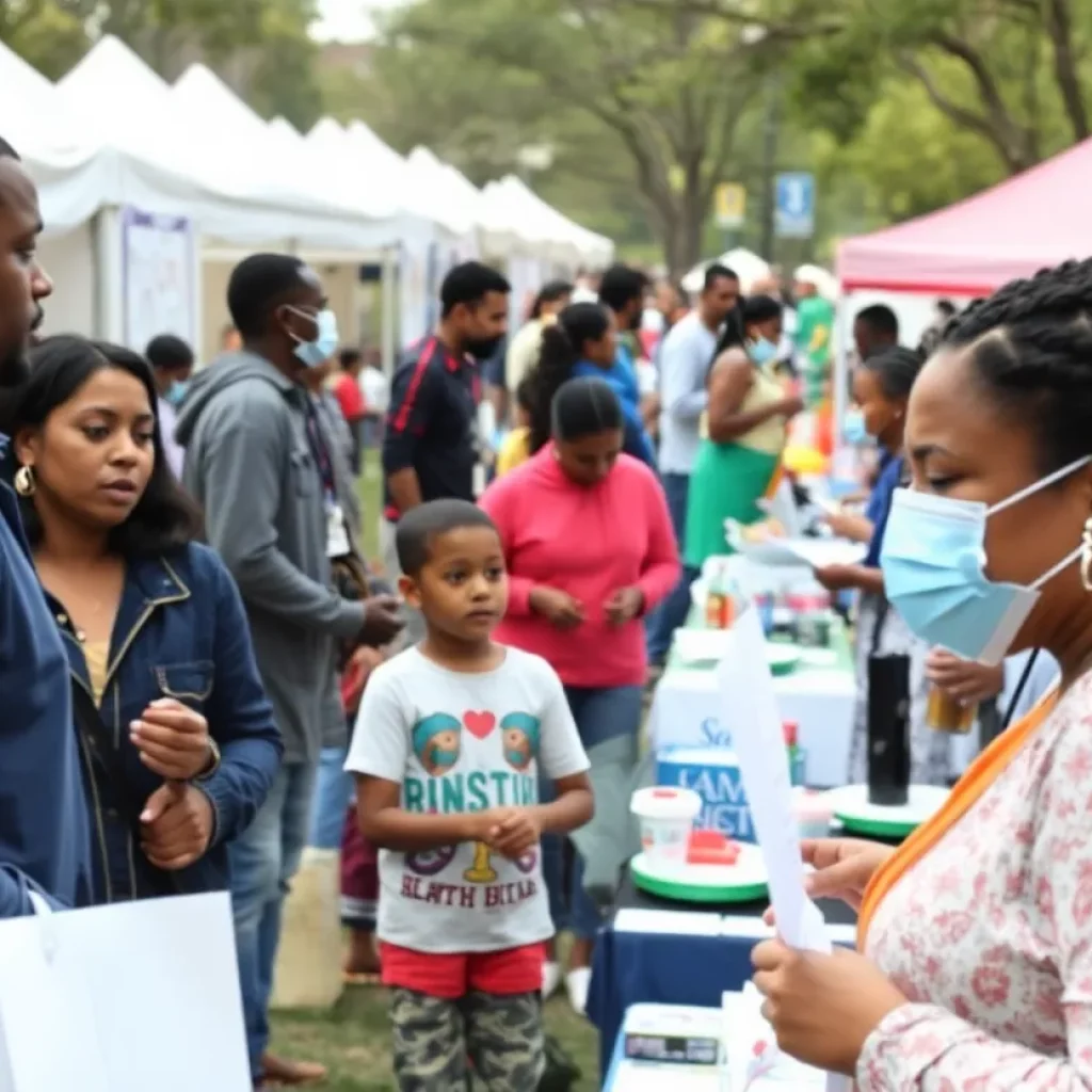 Scene of a community health fair showing families and healthcare booths amidst chaos.