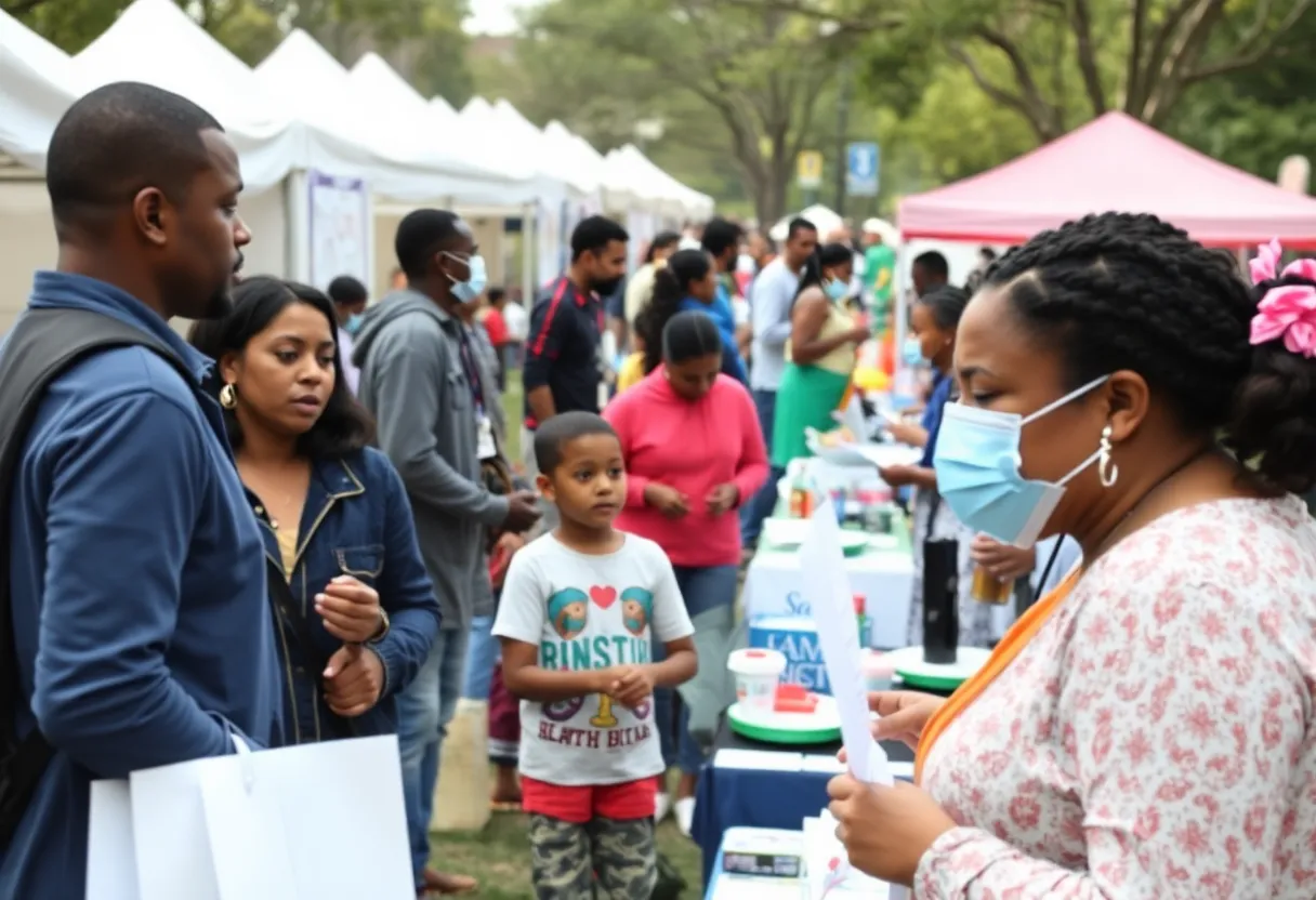 Scene of a community health fair showing families and healthcare booths amidst chaos.