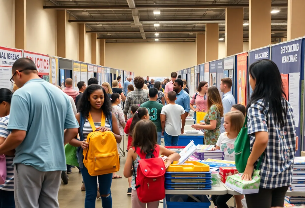 Back-to-school fair with families and healthcare booths in Charlotte
