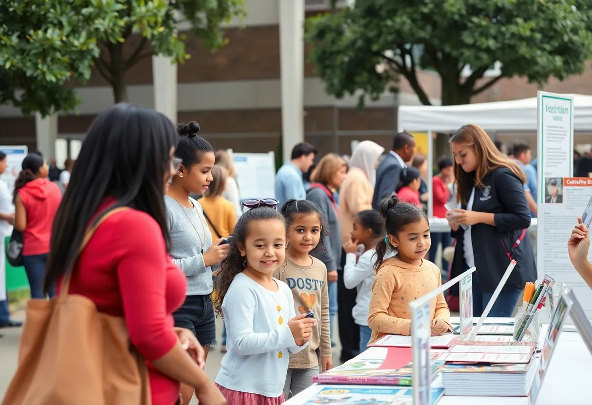 Community health fair with families and children, illustrating the back-to-school preparations.