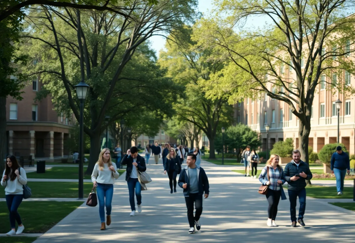 Students navigating a university campus with an emphasis on safety and community.