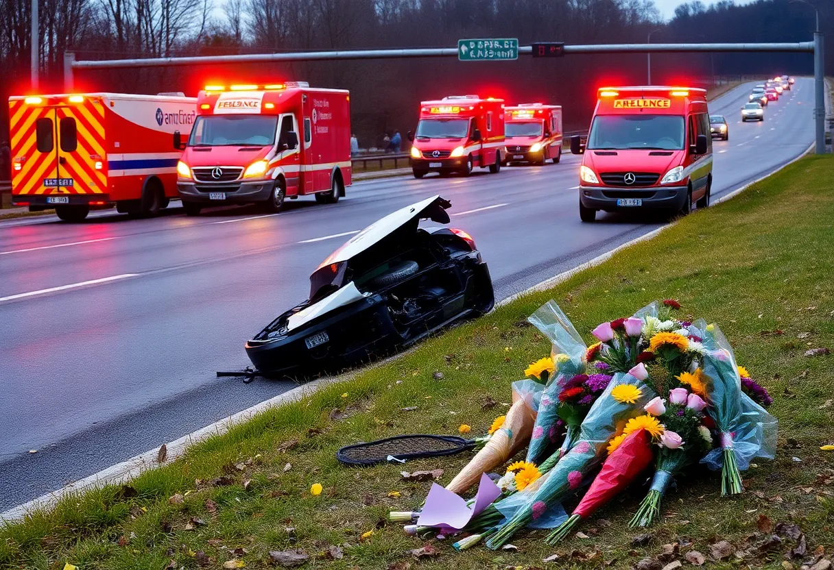 Aftermath of tragic highway accident in Charlotte, showing emergency vehicles and memorial flowers.