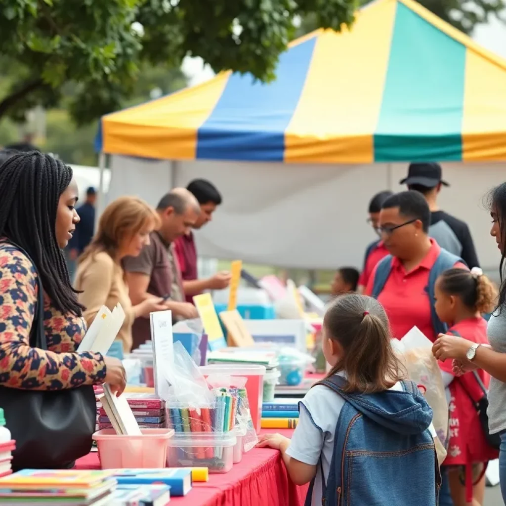 Families at the Charlotte back-to-school fair engaging with healthcare services