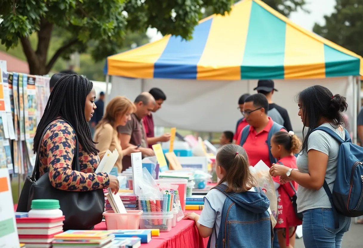Families at the Charlotte back-to-school fair engaging with healthcare services