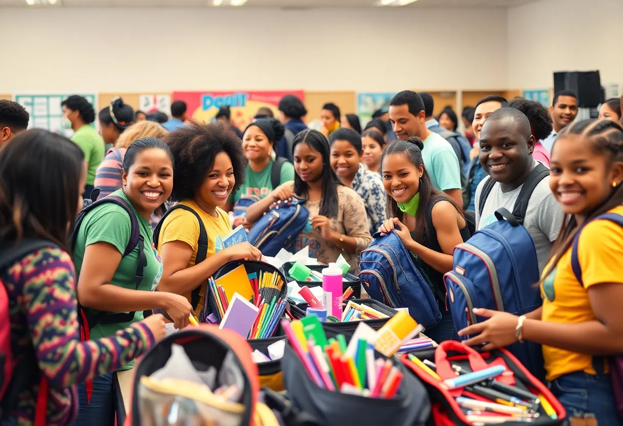 Volunteers packing backpacks with school supplies in Charlotte.