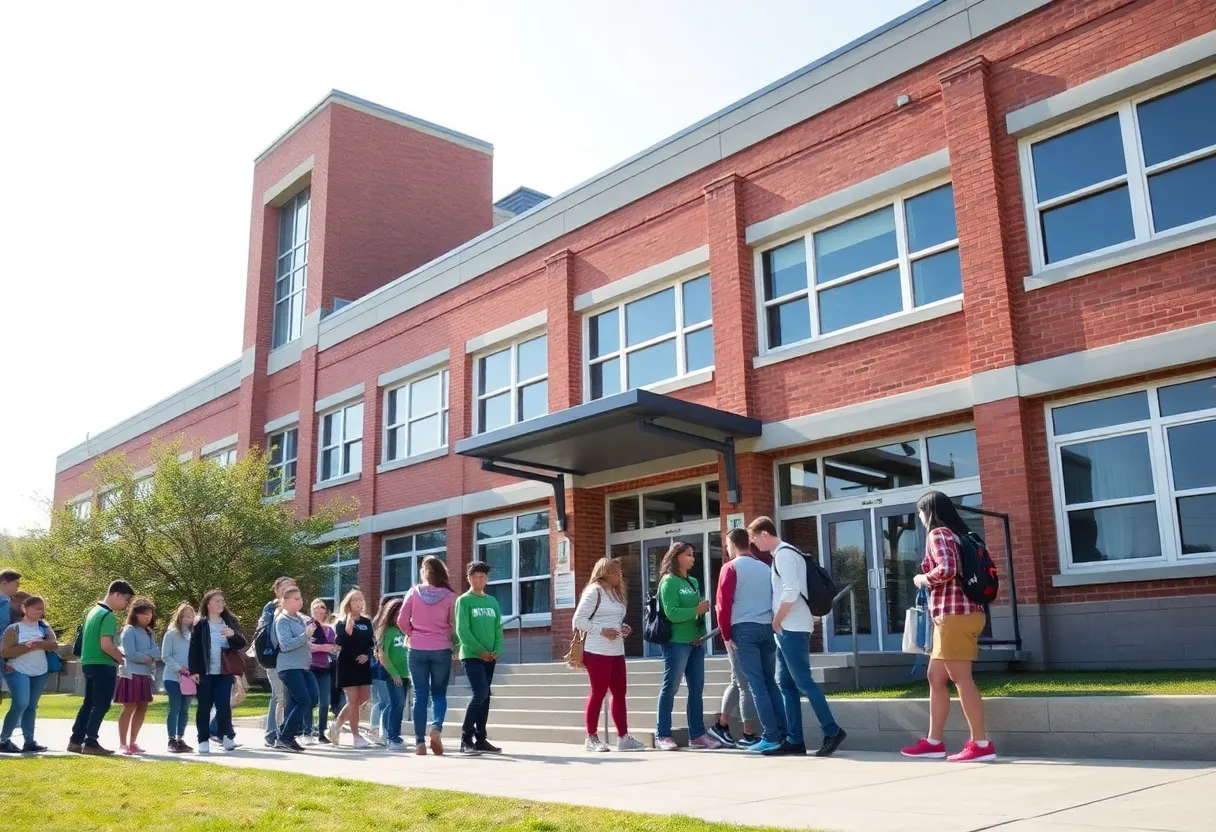 Exterior view of Charlotte Catholic High School with students outside