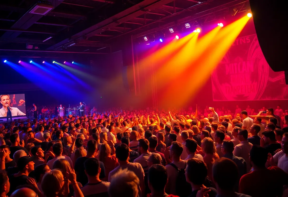 A vibrant concert crowd enjoying live music at night.