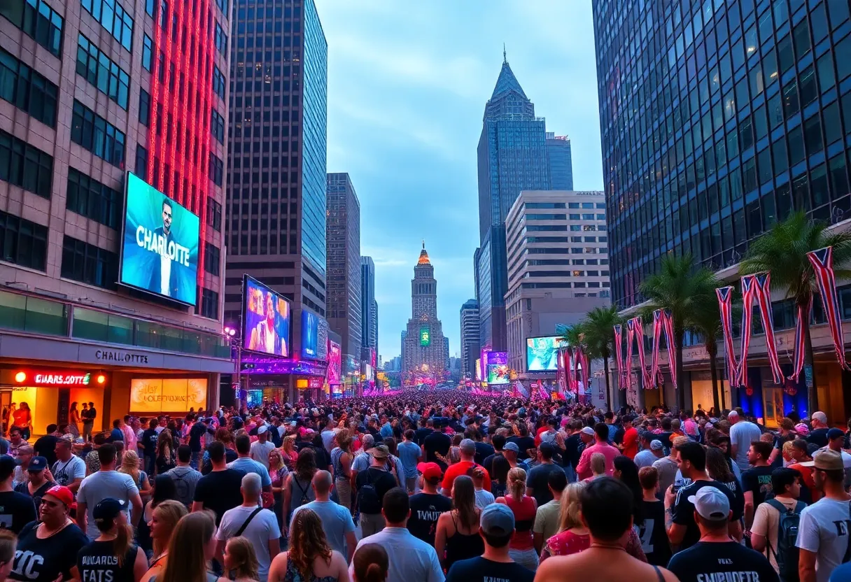 An energetic scene of Charlotte featuring concert-goers and football fans at various events.