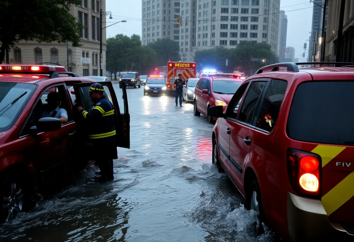 Emergency responders conducting water rescues in flooded streets of Charlotte NC