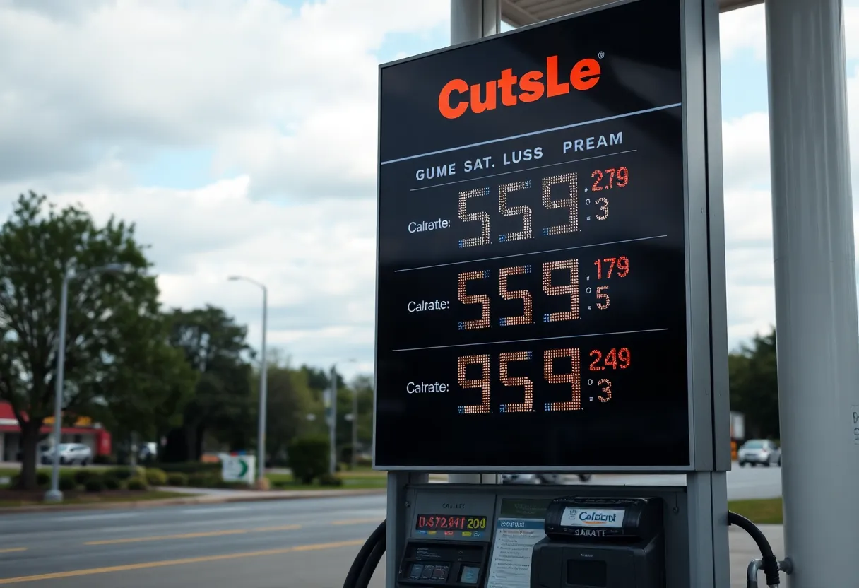 Gas station displaying current gas prices in Charlotte with a clear blue sky
