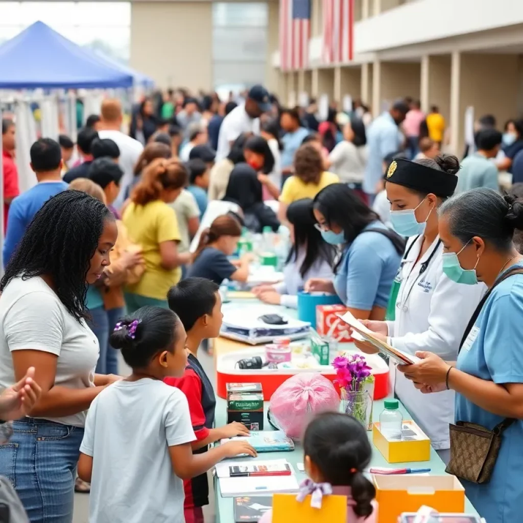Community health fair with various activities and families