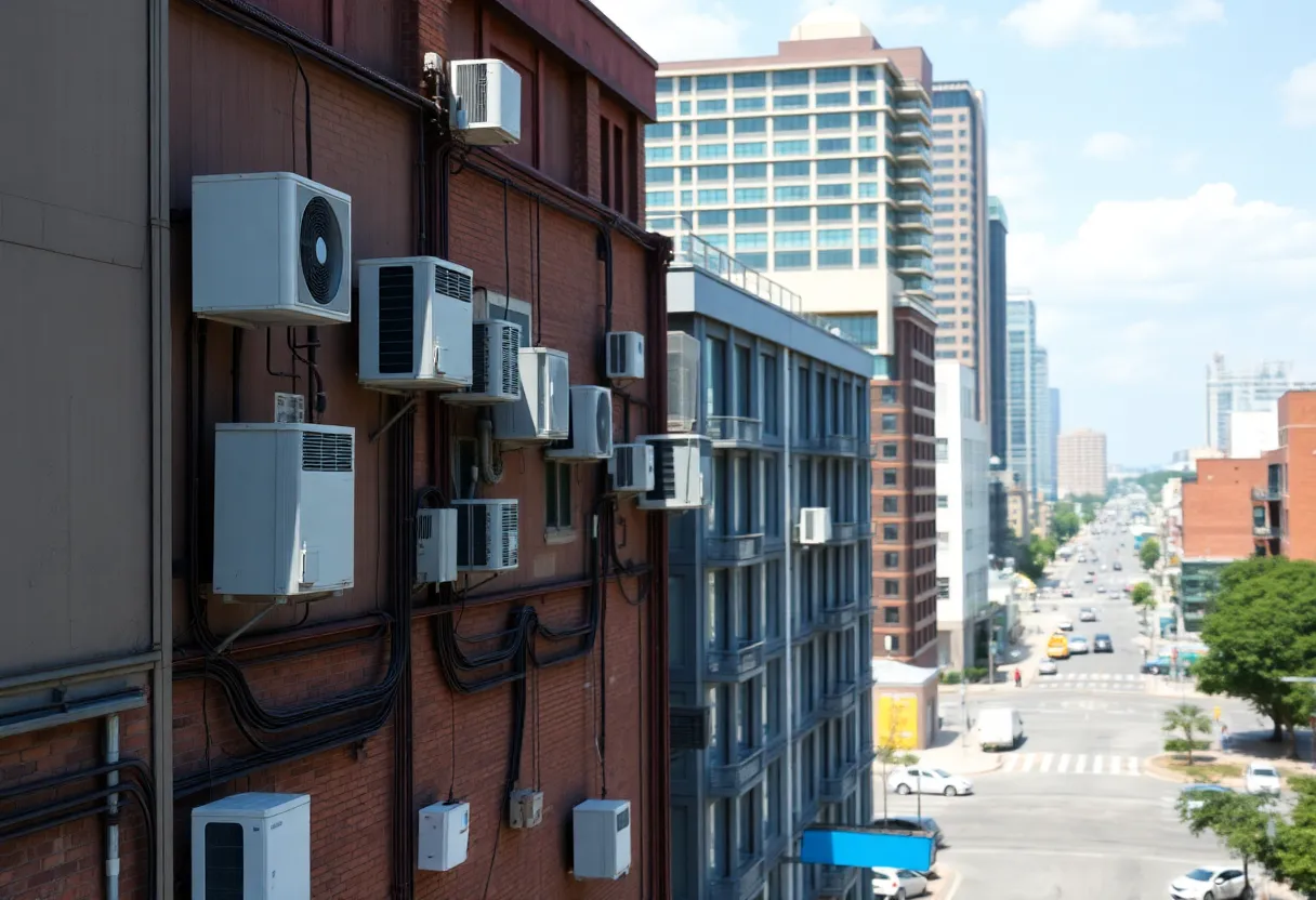 Charlotte cityscape with air conditioning units during summer heatwave