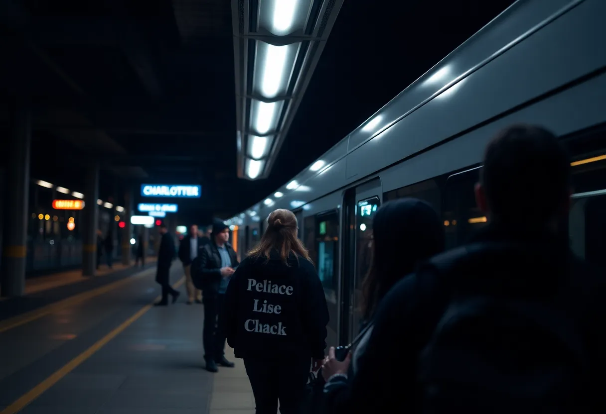 Light rail station in Charlotte, conveying a somber atmosphere
