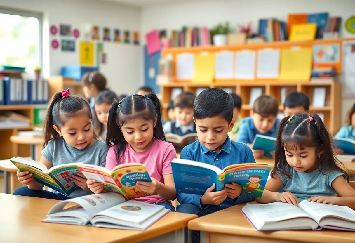 Students participating in literacy activities in classroom