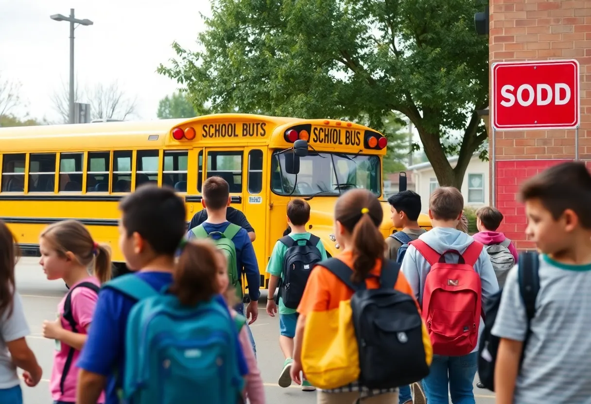 Students arriving at school with visible safety measures in place.