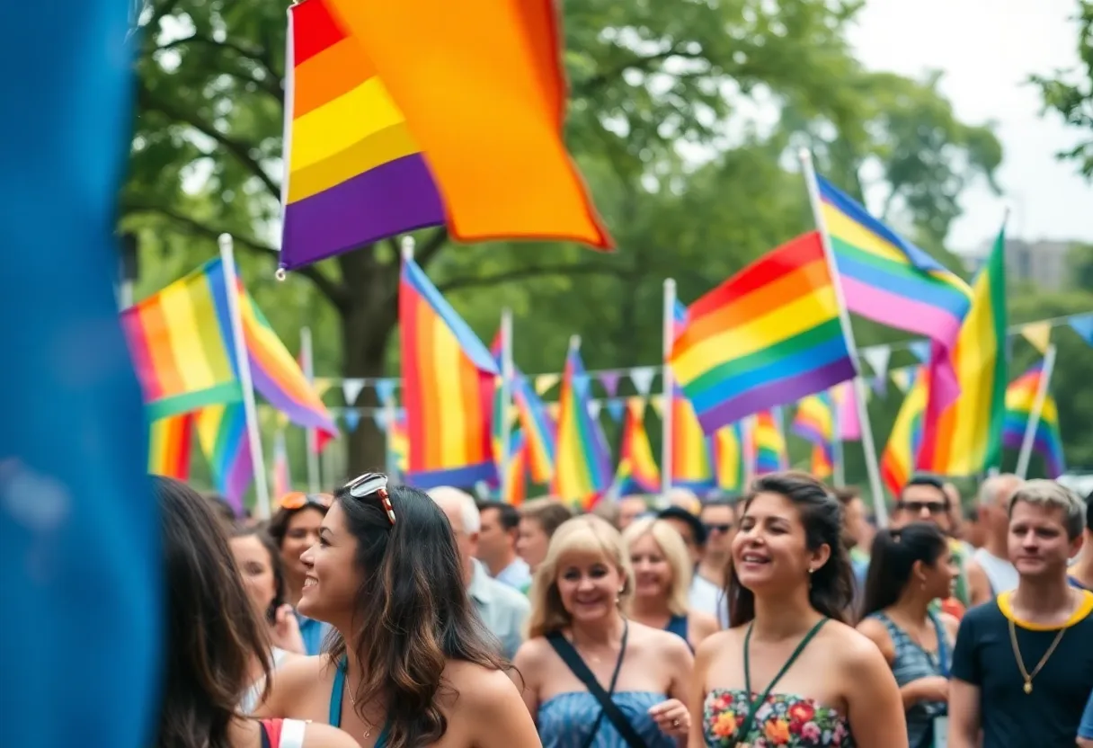 Crowd celebrating at Charlotte Pride Festival with colorful flags