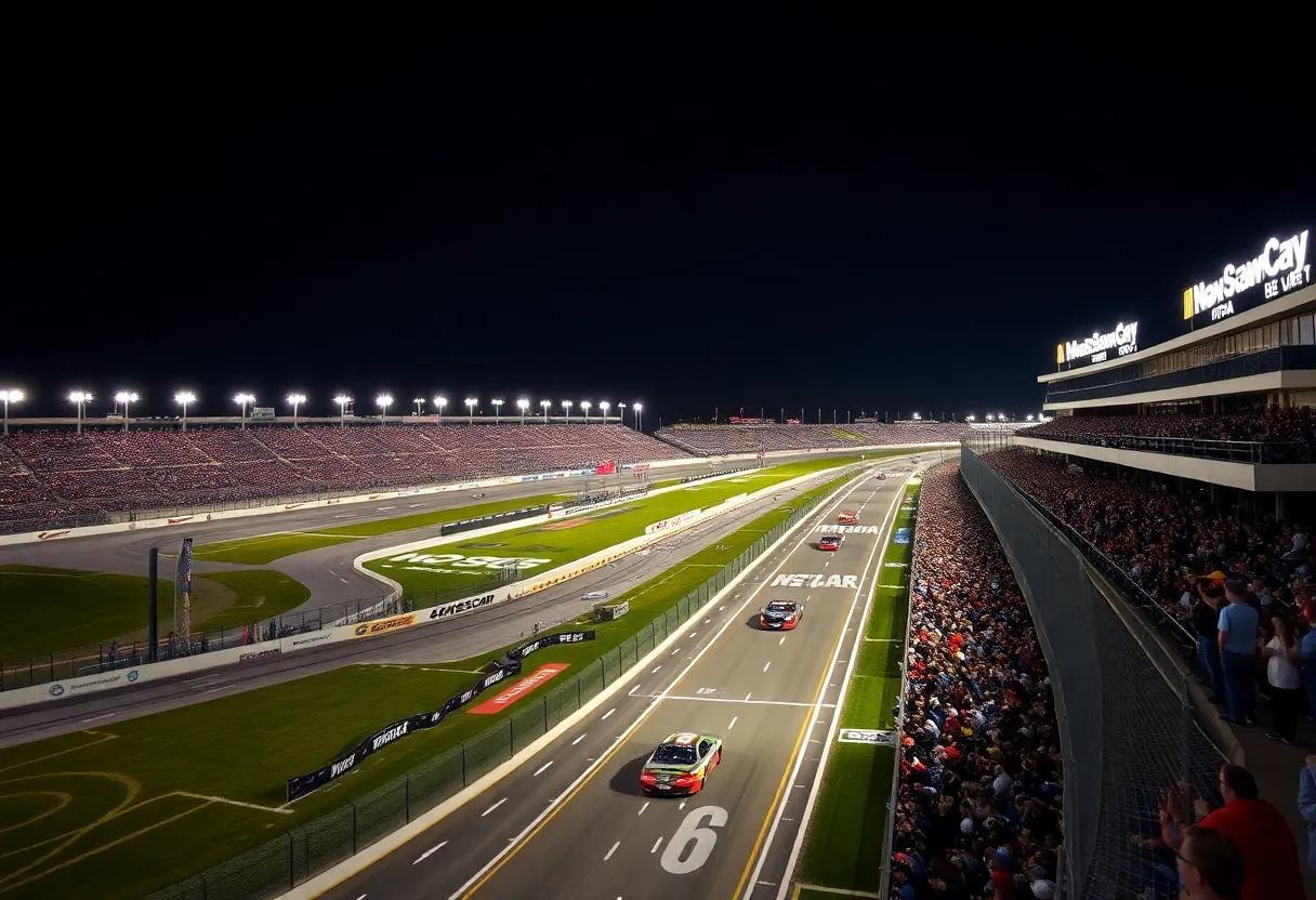 Charlotte Motor Speedway illuminated at night during a NASCAR event