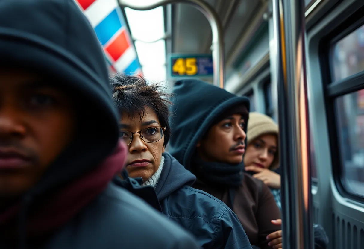 A crowded light rail train in Charlotte showing anxious commuters