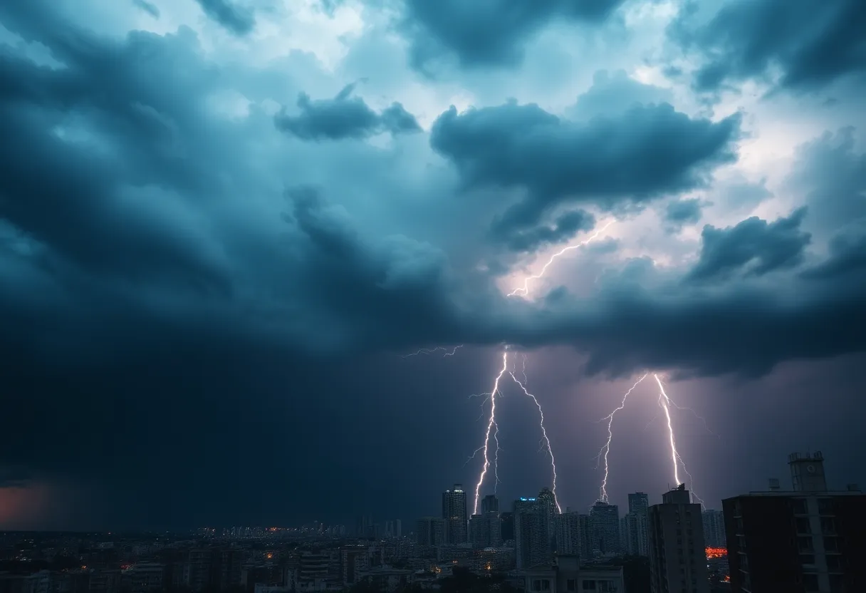 Thunderstorms over Charlotte skyline with lightning