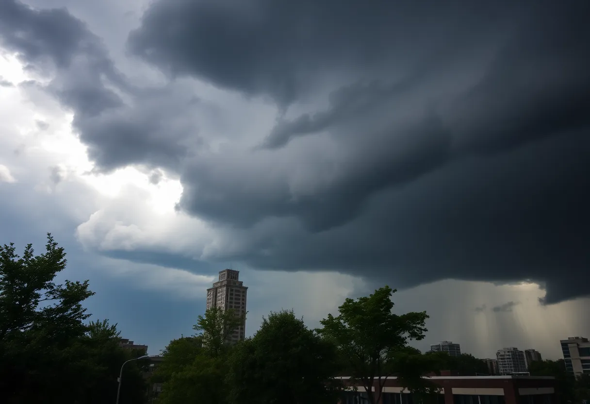 Severe thunderstorms over Charlotte with dark clouds and rain.