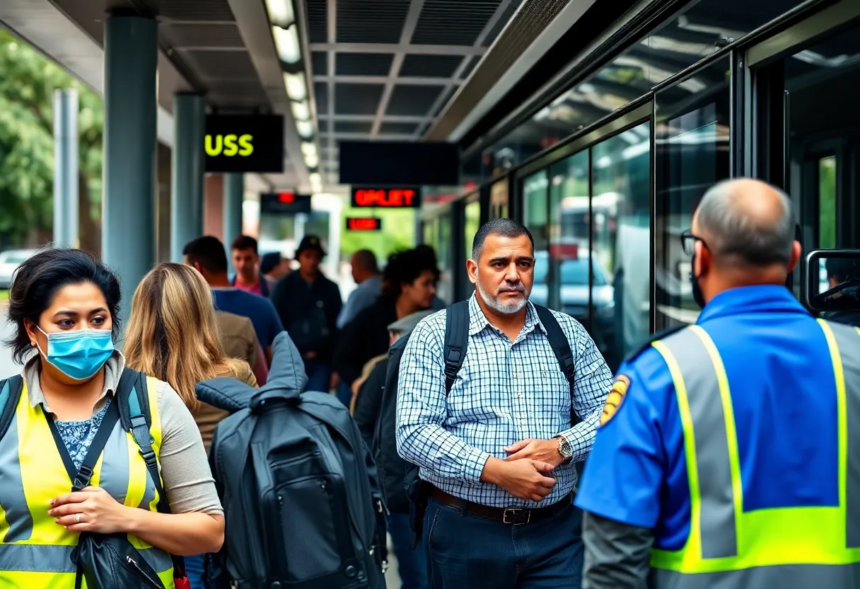 Commuters at a bus stop in Charlotte expressing concern over public transit safety