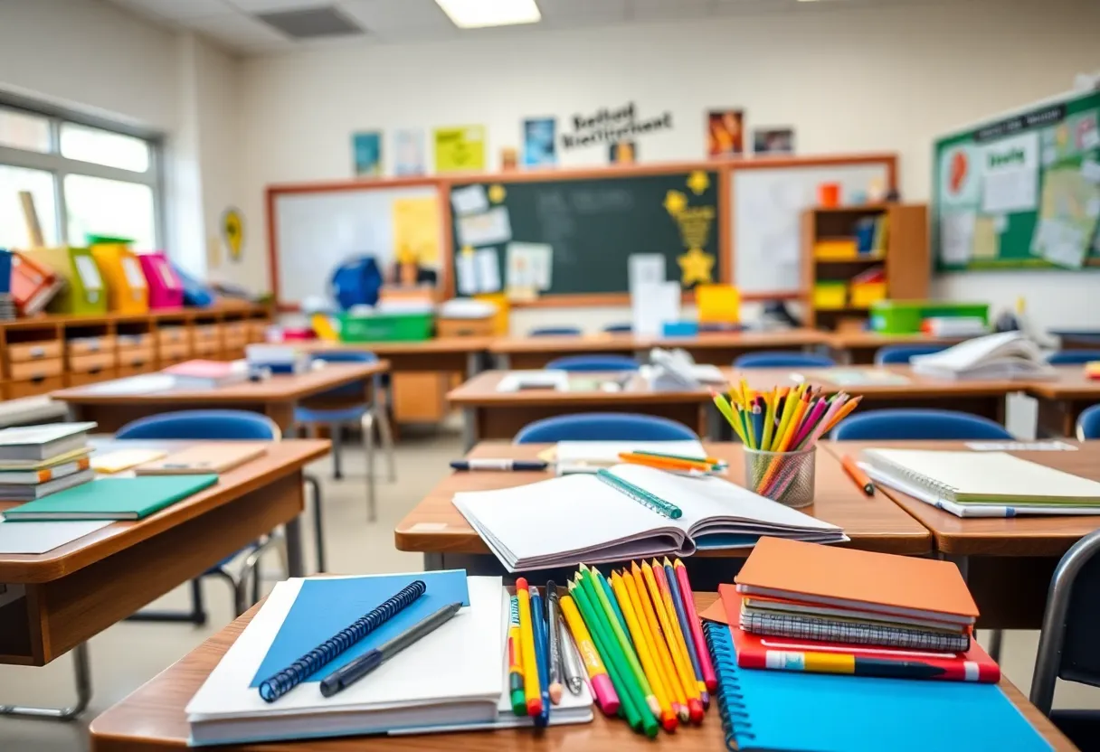 Variety of school supplies available for teachers including paper and pens