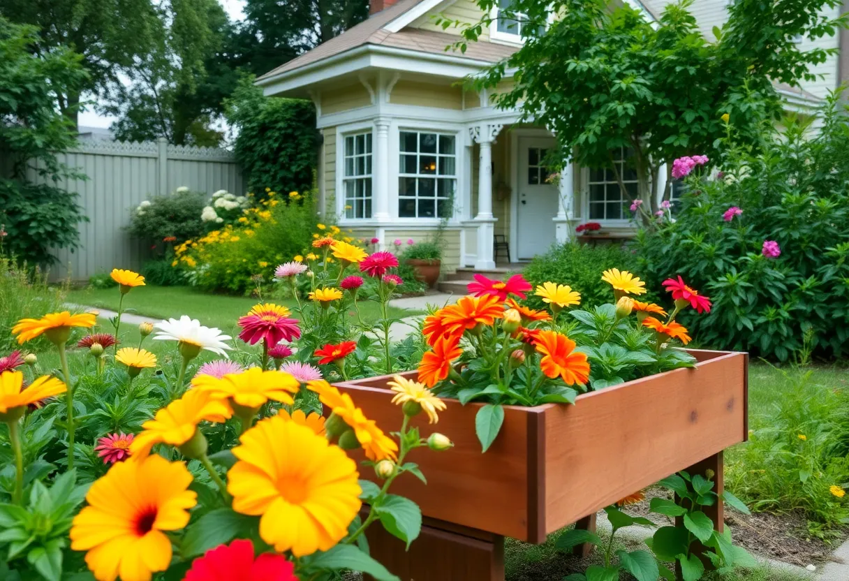 A beautiful garden with colorful flowers and greenery at a 1940s bungalow