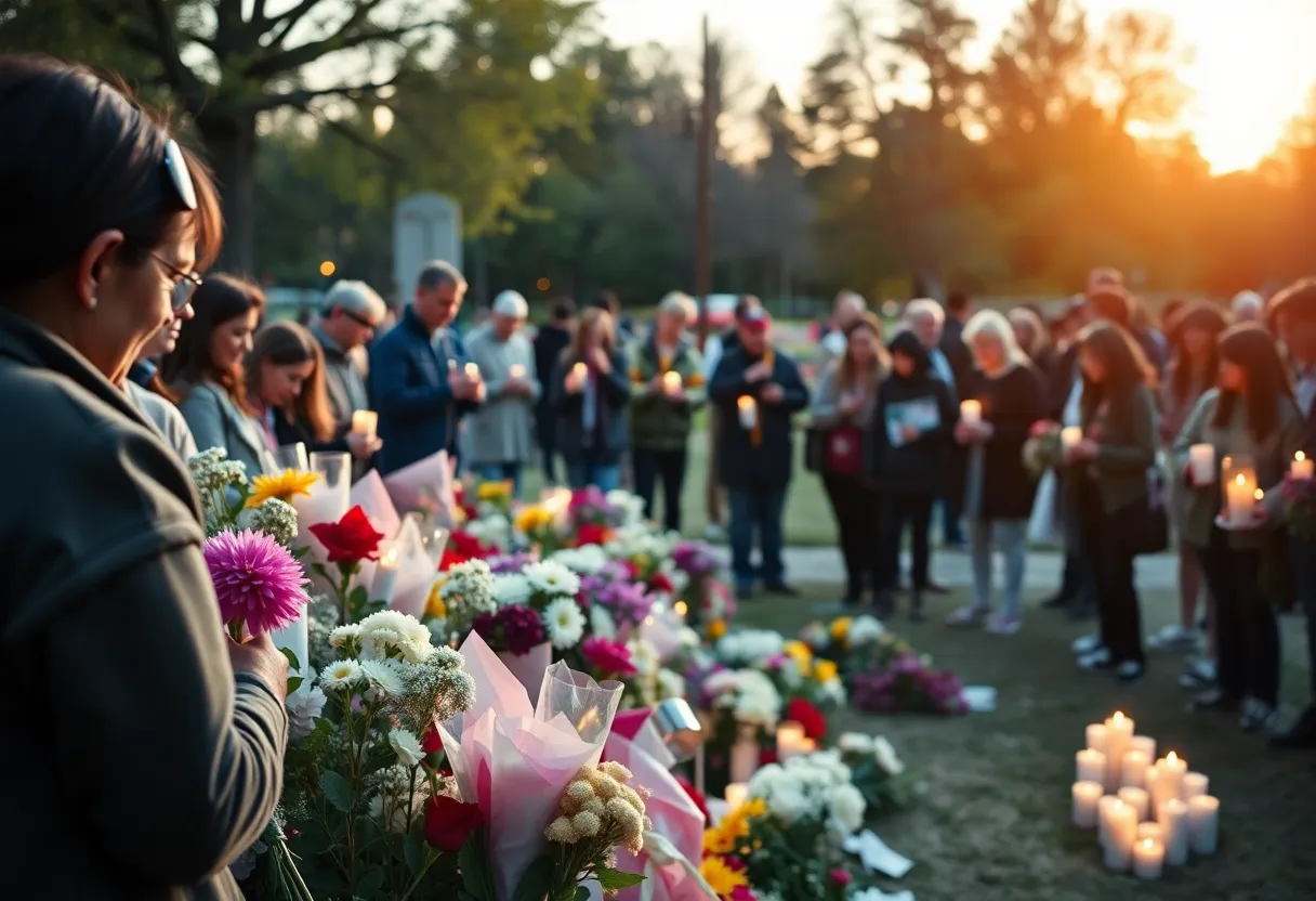Gathering of community members honoring a beloved individual with flowers and candles.