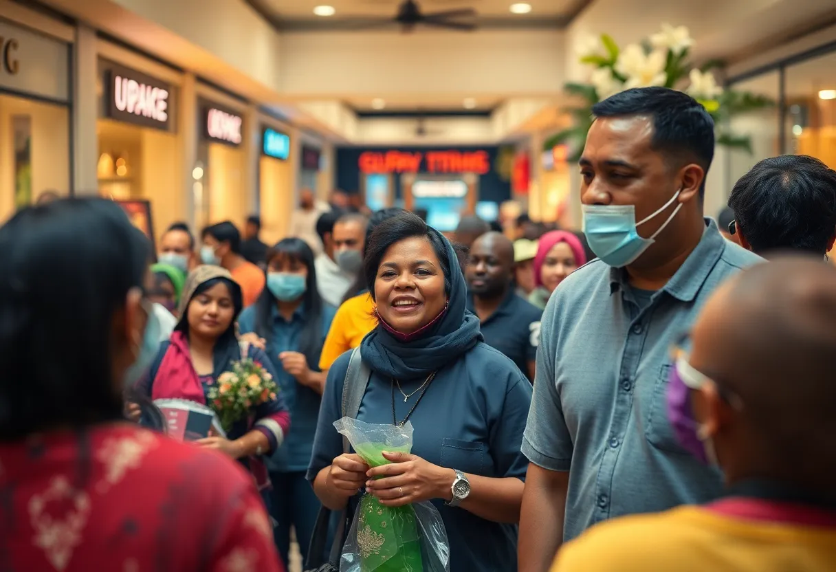 Community members gathering for support at a shopping center after a shooting incident.