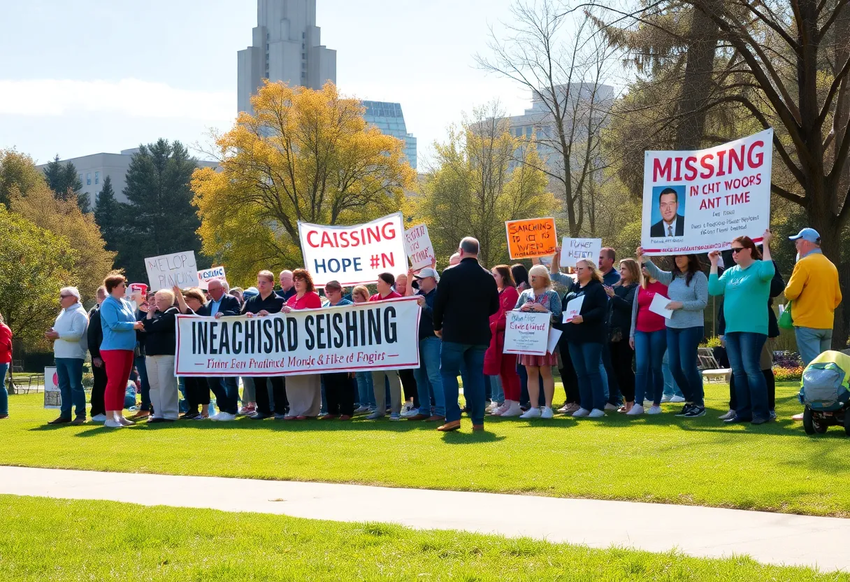 Community gathering in a city to support search efforts for missing persons.