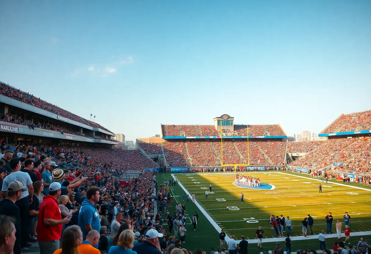 Football fans cheering at Duke's Mayo Classic game