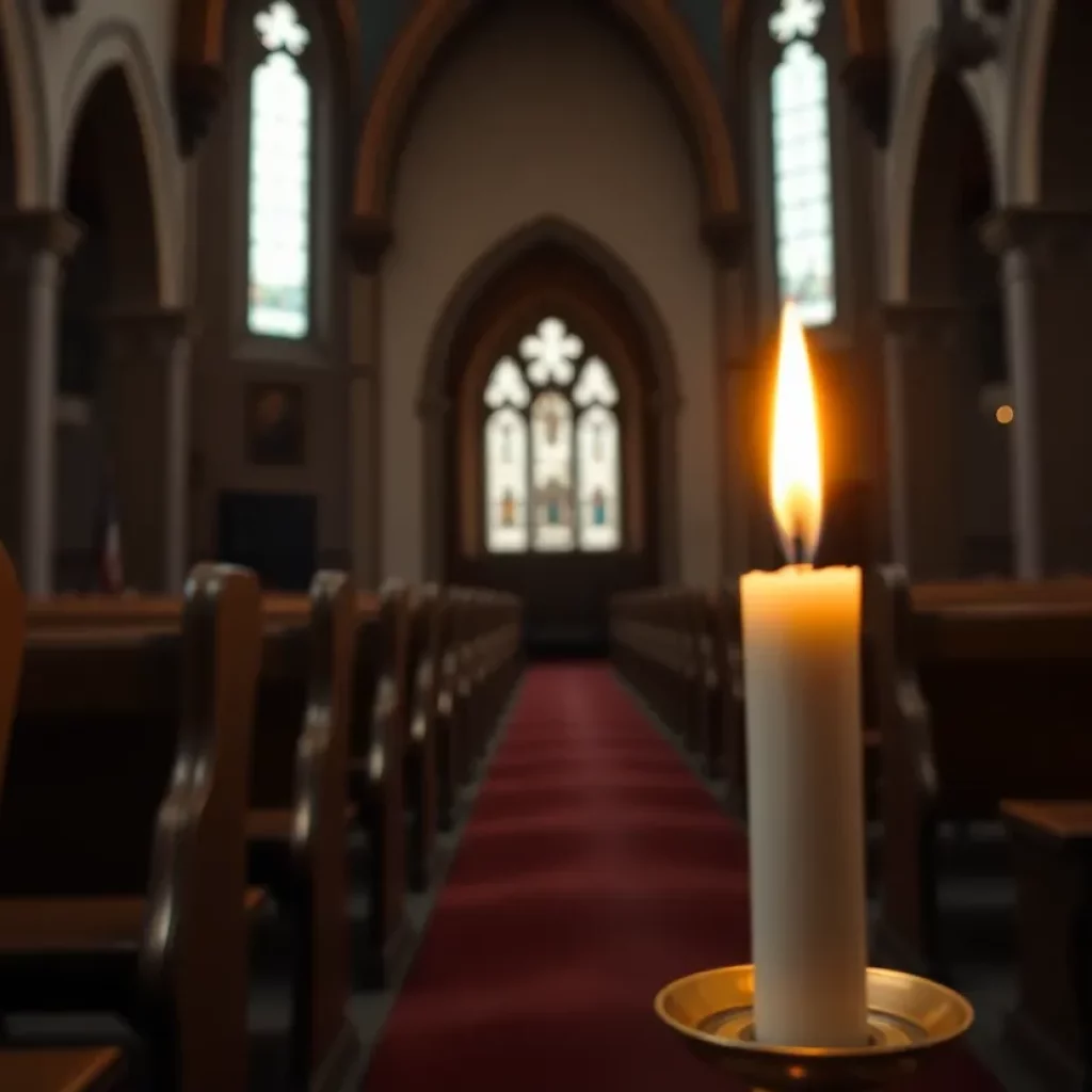 Empty church interior with candlelight