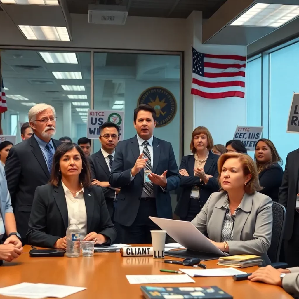 Federal employees discussing concerns about union rights and labor agreements.