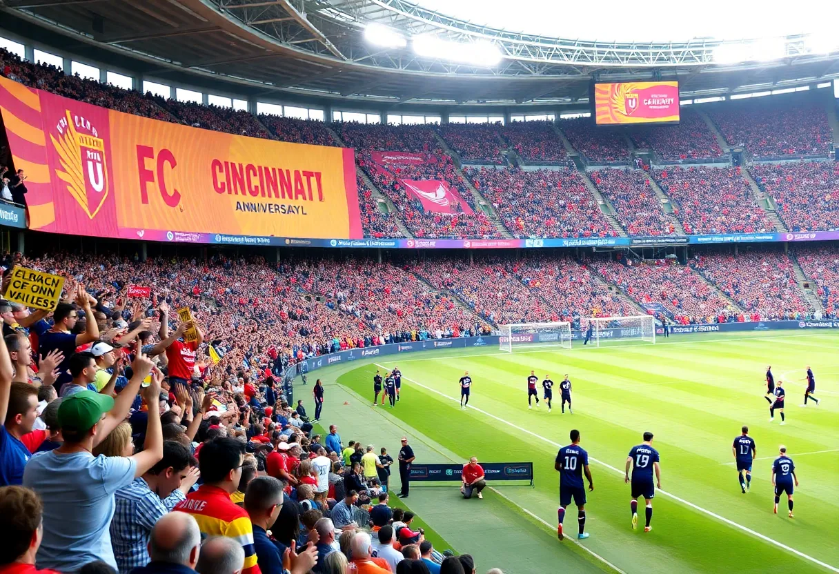 FC Cincinnati fans celebrating the team's 10th anniversary at TQL Stadium