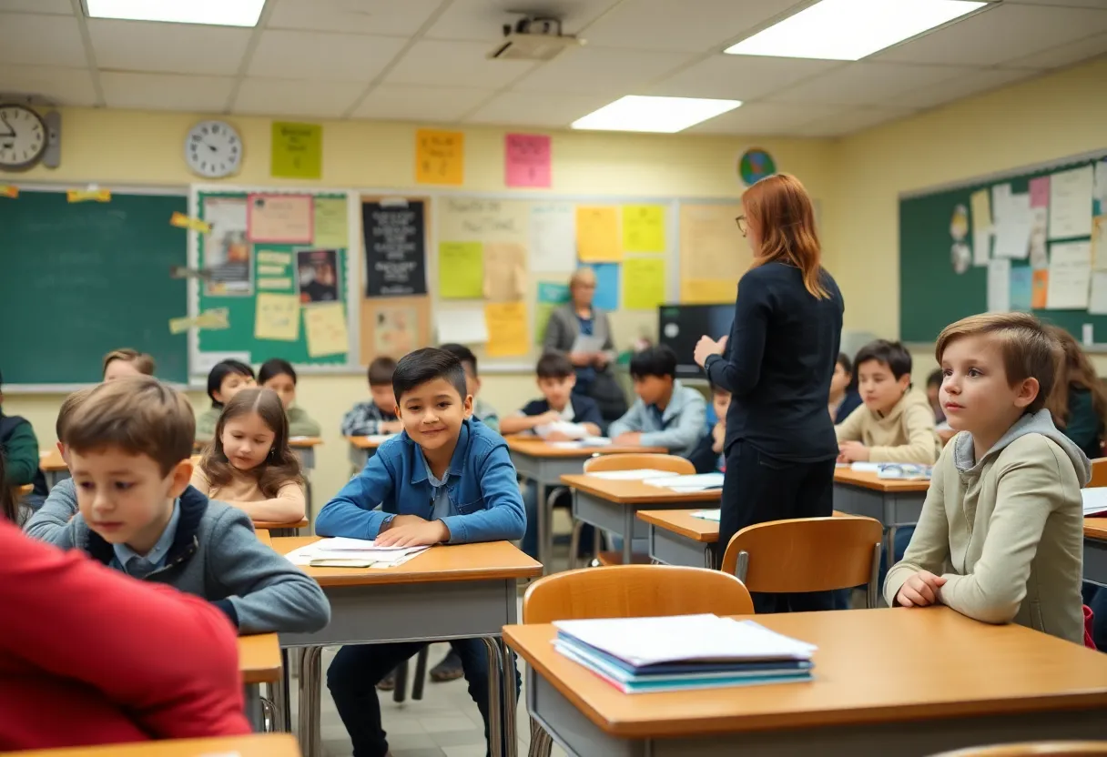 Classroom with overcrowded desks and limited educational resources.