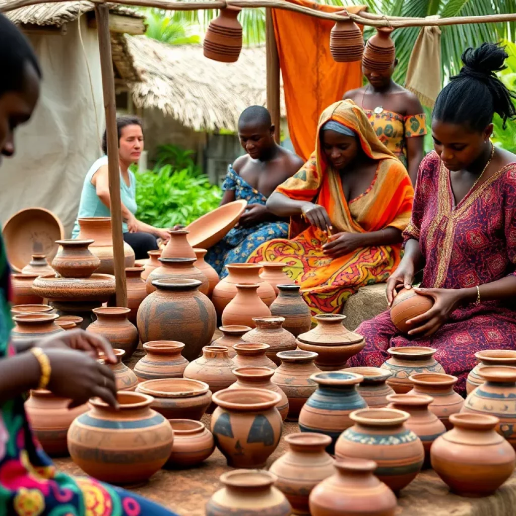 Artisans demonstrating traditional Ghanaian pottery techniques.