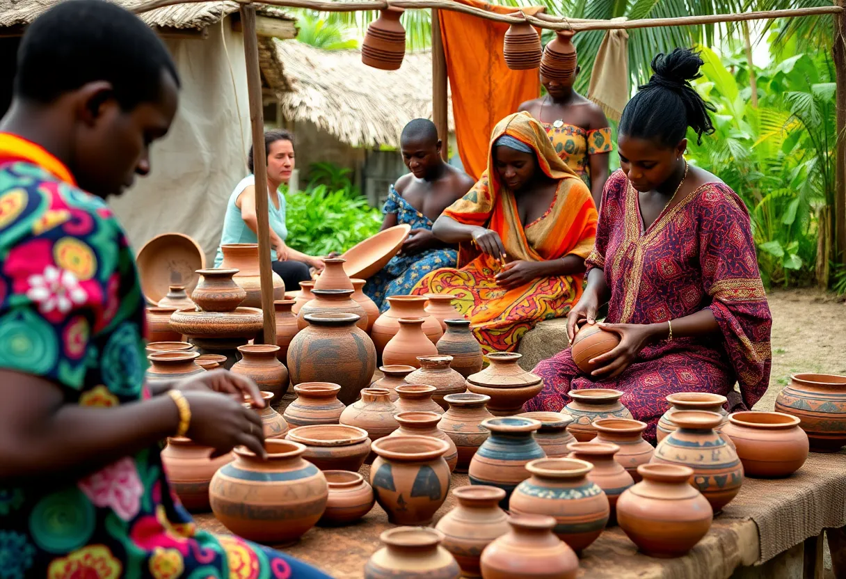 Artisans demonstrating traditional Ghanaian pottery techniques.