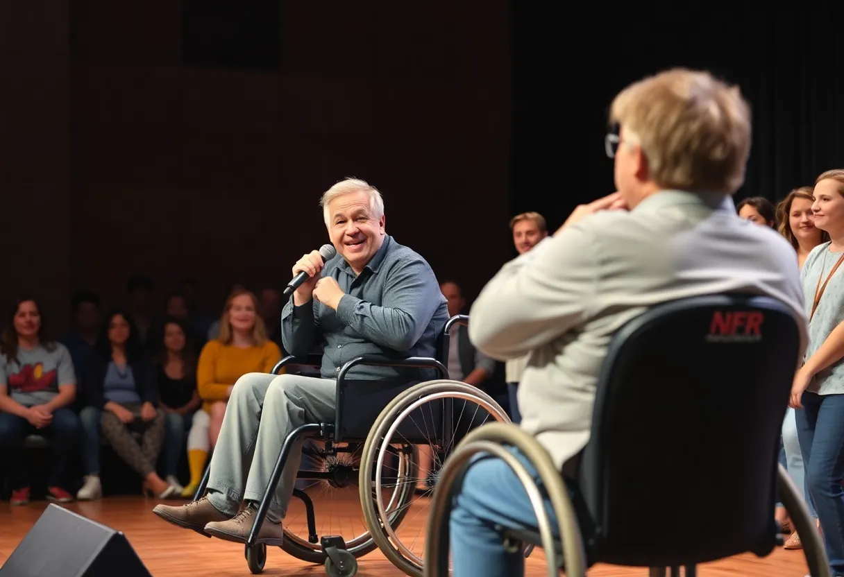 Grove Hero performing in a wheelchair at a comedy show